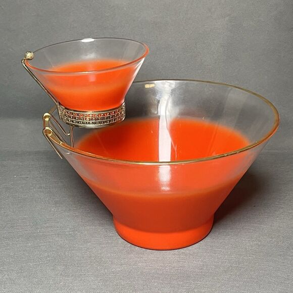 Vintage  Red/Orange Blendo Frosted 1965 Chip & Dip Bowl Set MCM Retro - Picture 3 of 9